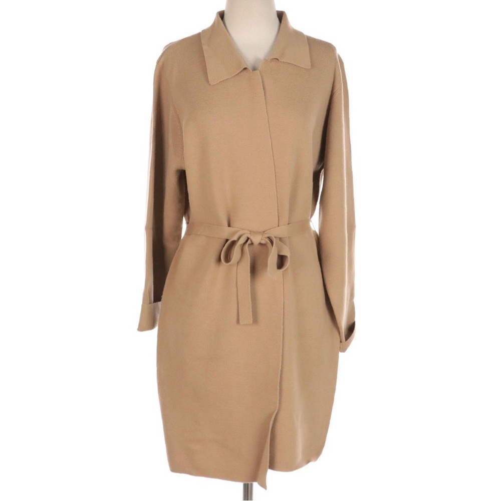 Parisian Signature Khaki Wool Knit Maxi Cardigan with Belt Tie Waist